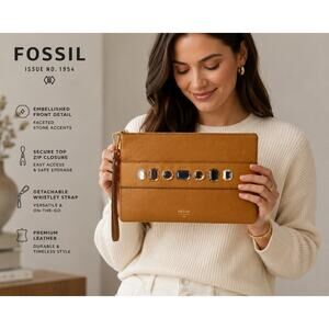 FOSSIL Leather Embellished Wristlet Clutch Cognac Brown Zip Pouch